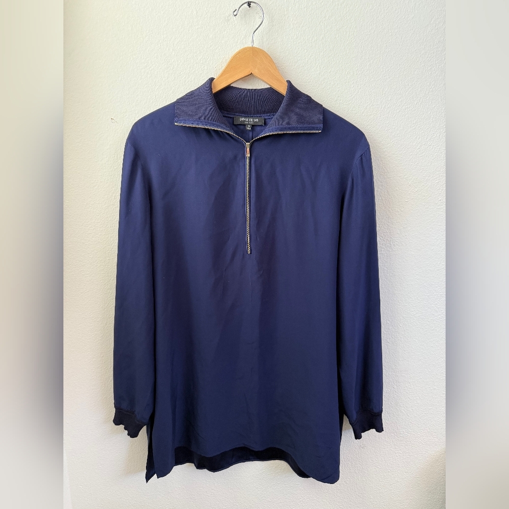 Lafayette 148 New York Silk Blouse Pullover 1/4 Zip Navy Blue Long Sleeve Medium
